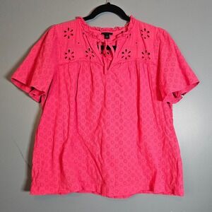 Ann Taylor Pink Eyelet Cotton Blouse Short Sleeve Ruffle Neck Tie Top Large